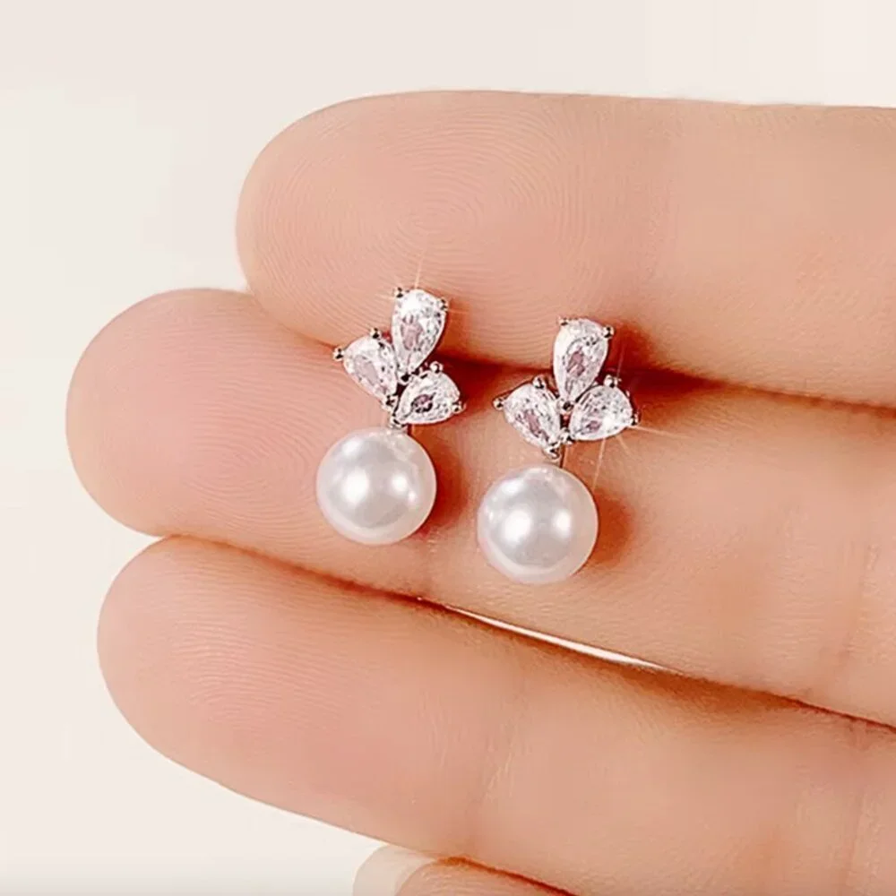 925 Sterling Silver Pearl Diamond Earrings Cute Pearl Studs_5